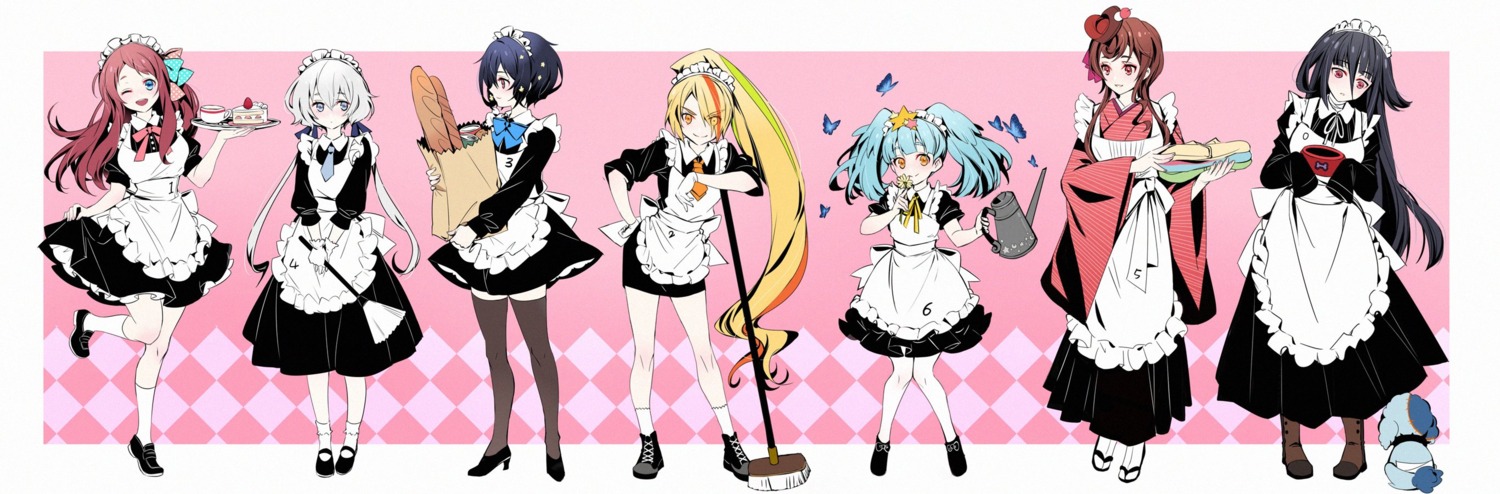 dahuang heels hoshikawa_lily konno_junko maid minamoto_sakura mizuno_ai nikaido_saki skirt_lift thighhighs trap wa_maid yamada_tae yuugiri_(zombieland_saga) zombieland_saga