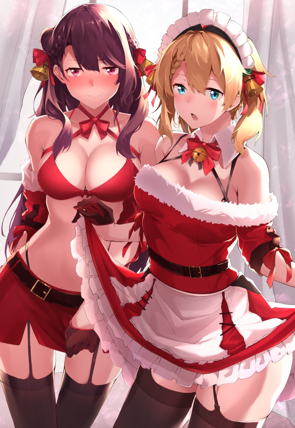 bra christmas cleavage flugel g36_(girls_frontline) girls_frontline maid skirt_lift stockings thighhighs wa2000_(girls_frontline)