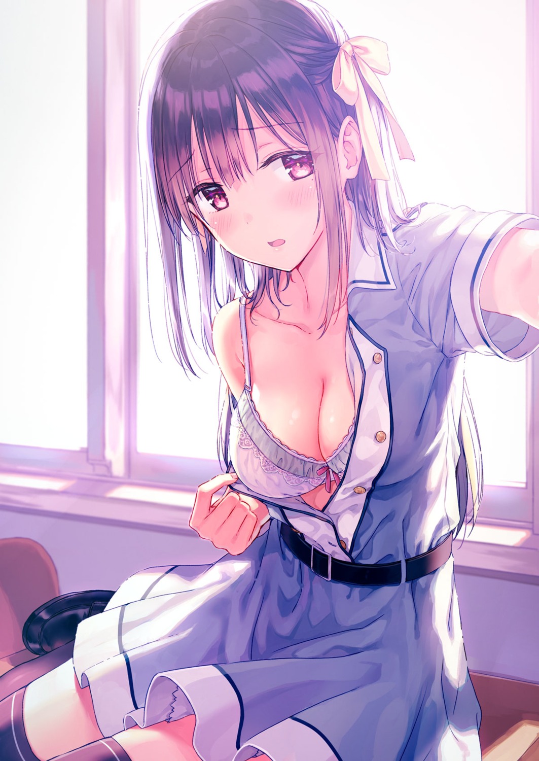 bra cleavage hiten matsumoto_erina open_shirt seifuku thighhighs