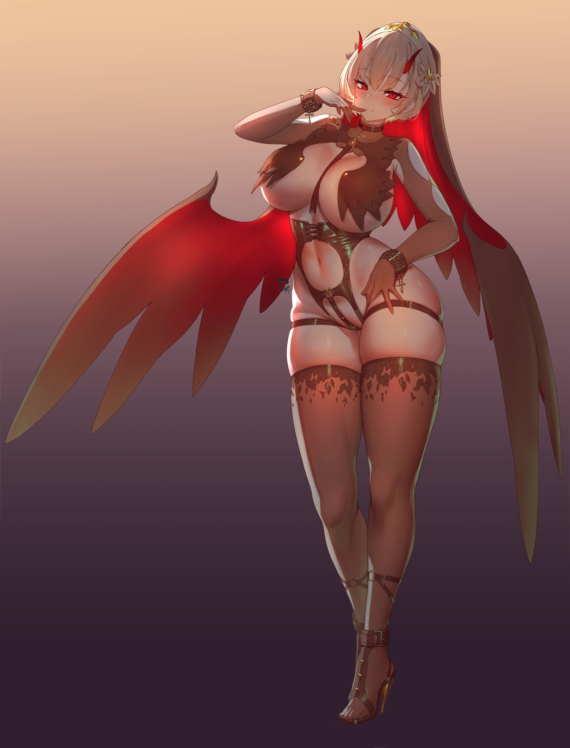 garter heels horns leotard no_bra nopan nun suerte thighhighs wings