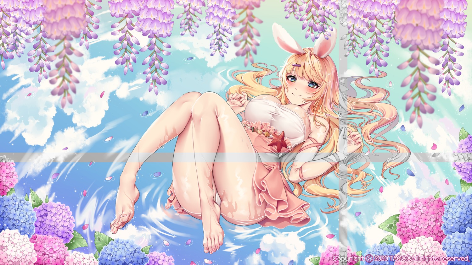 animal_ears bunny_ears feet no_bra pantsu skirt_lift tacco_(tikeworld) wet