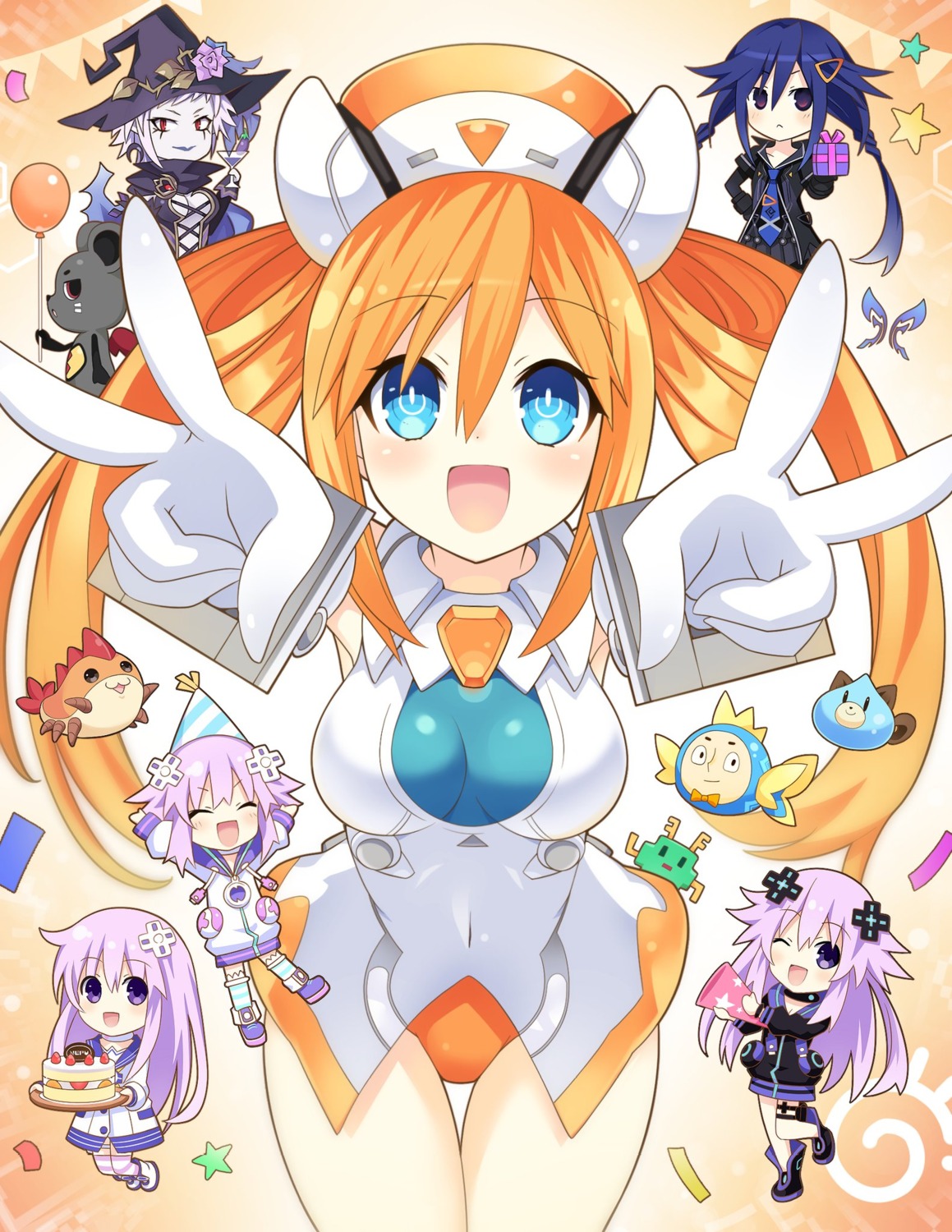 ankokuboshi_kurome chibi choujigen_game_neptune leotard magiquone nepgear neptune neptune_(shinjigen_game_neptune_vii) no_bra orange_heart pirachu shinjigen_game_neptune_vii thighhighs umio_(choujigen_game_neptune) witch zero_(ray_0805)