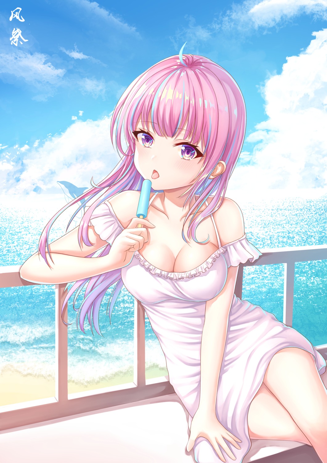 cleavage dress hololive kazamatsuri_honatsu minato_aqua no_bra skirt_lift summer_dress