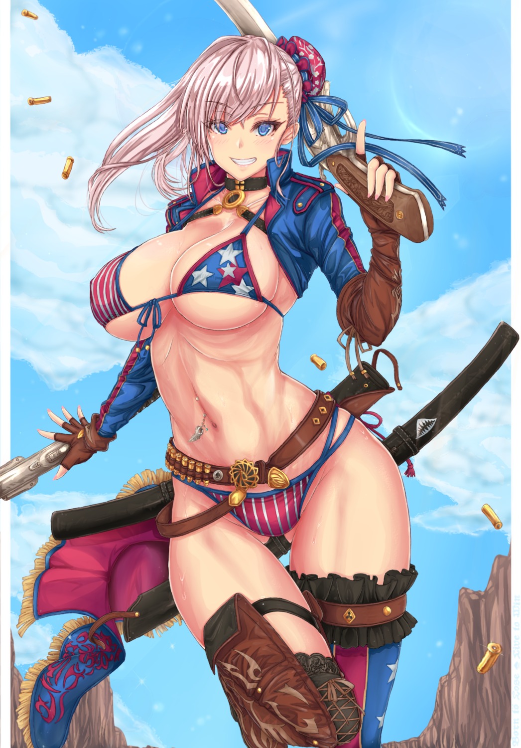 bikini cleavage fate/grand_order garter miyamoto_musashi_(fate/grand_order) swimsuits sword thighhighs underboob