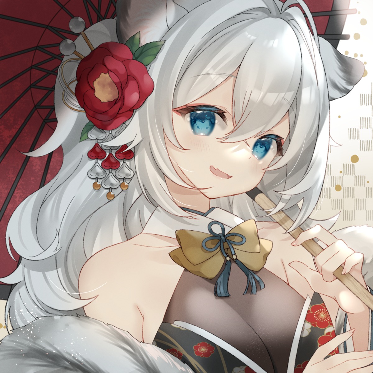 animal_ears cleavage japanese_clothes no_bra see_through umbrella yuni_(irohasuiroiro)