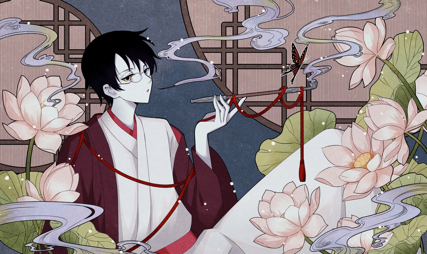 heterochromia kimono male megane smoking so_tsubasa watanuki_kimihiro xxxholic
