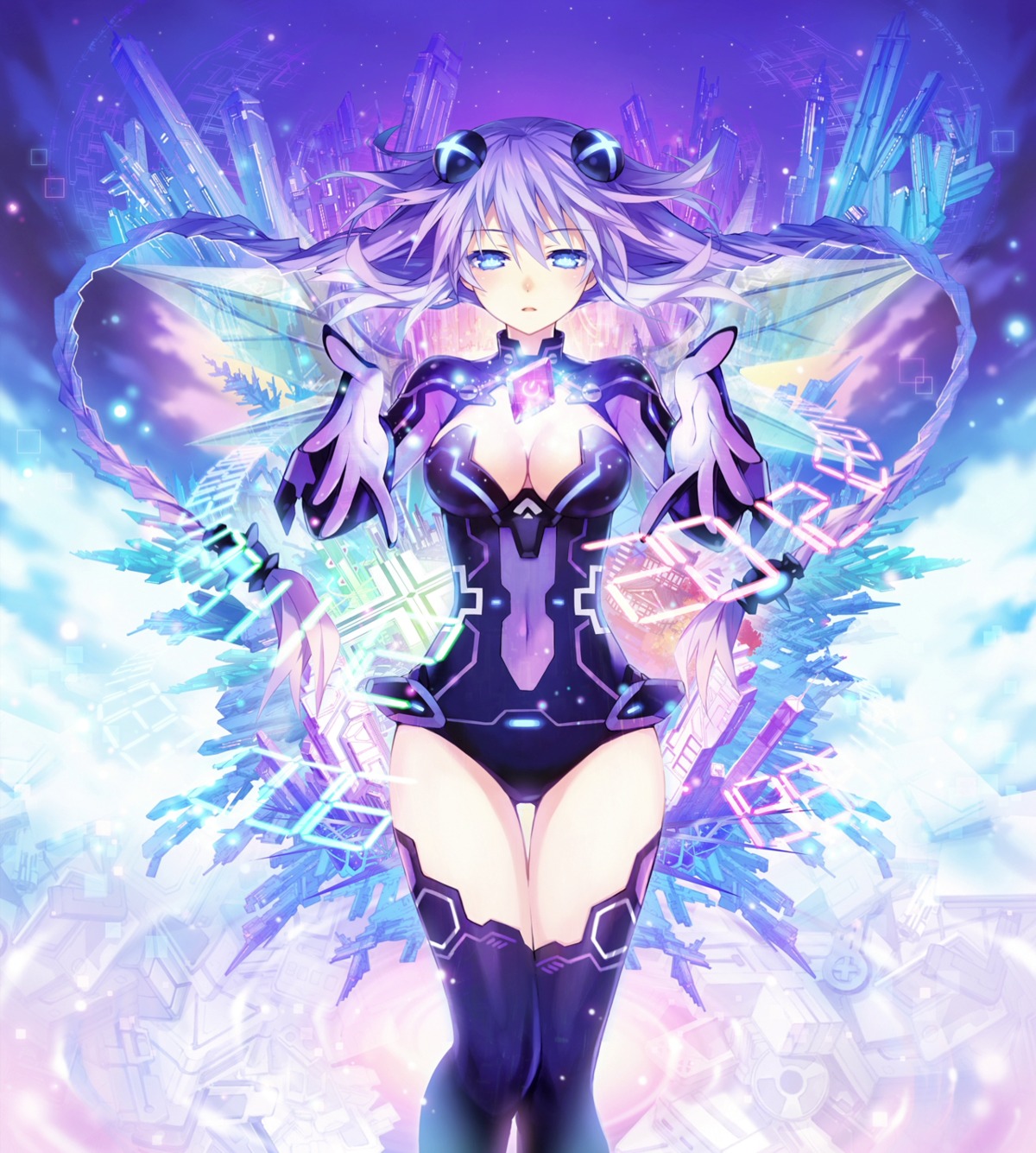 bodysuit choujigen_game_neptune cleavage kami_jigen_game_neptune_v purple_heart thighhighs tsunako