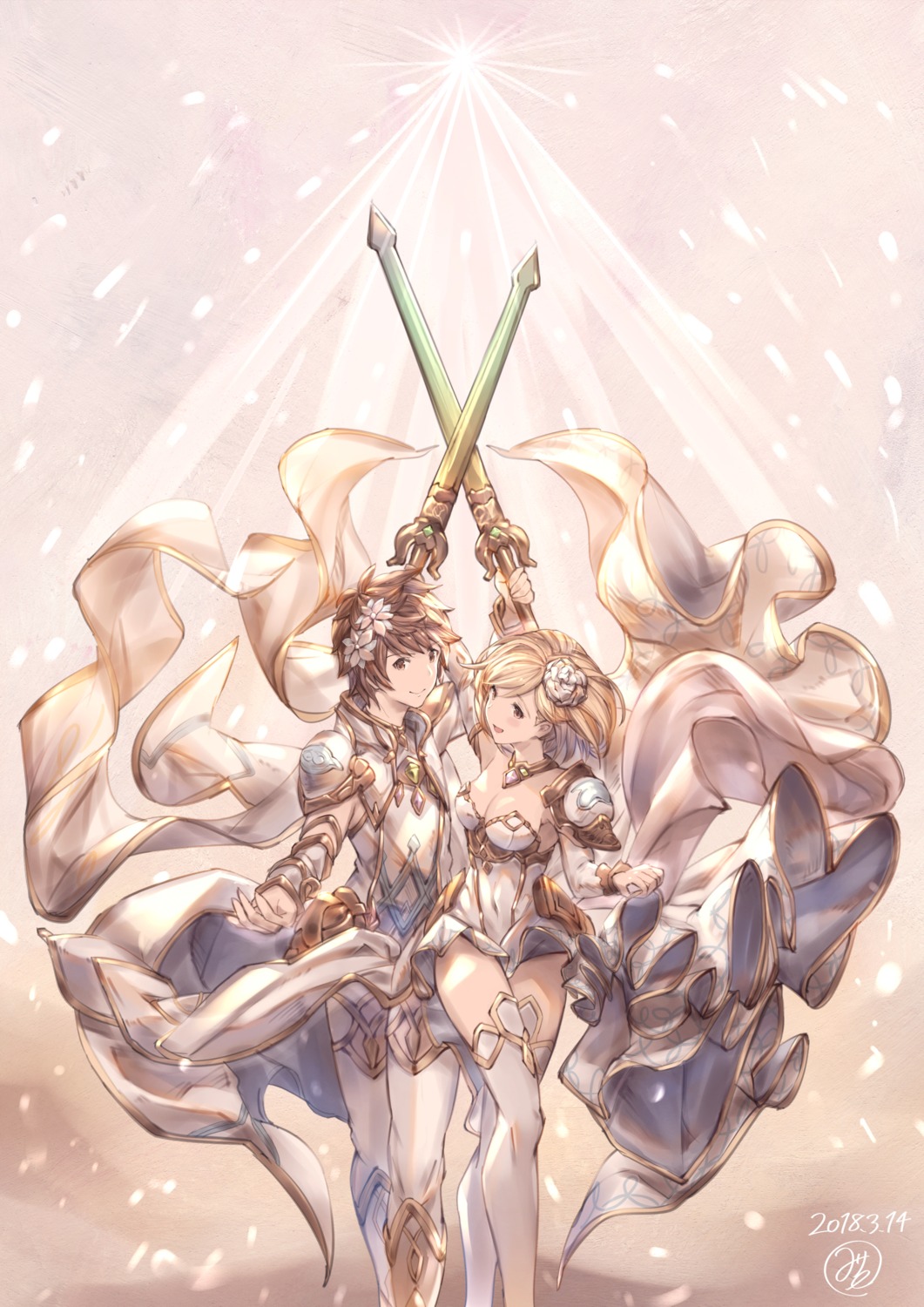 armor cleavage djeeta_(granblue_fantasy) gran_(granblue_fantasy) granblue_fantasy milli_little sword thighhighs