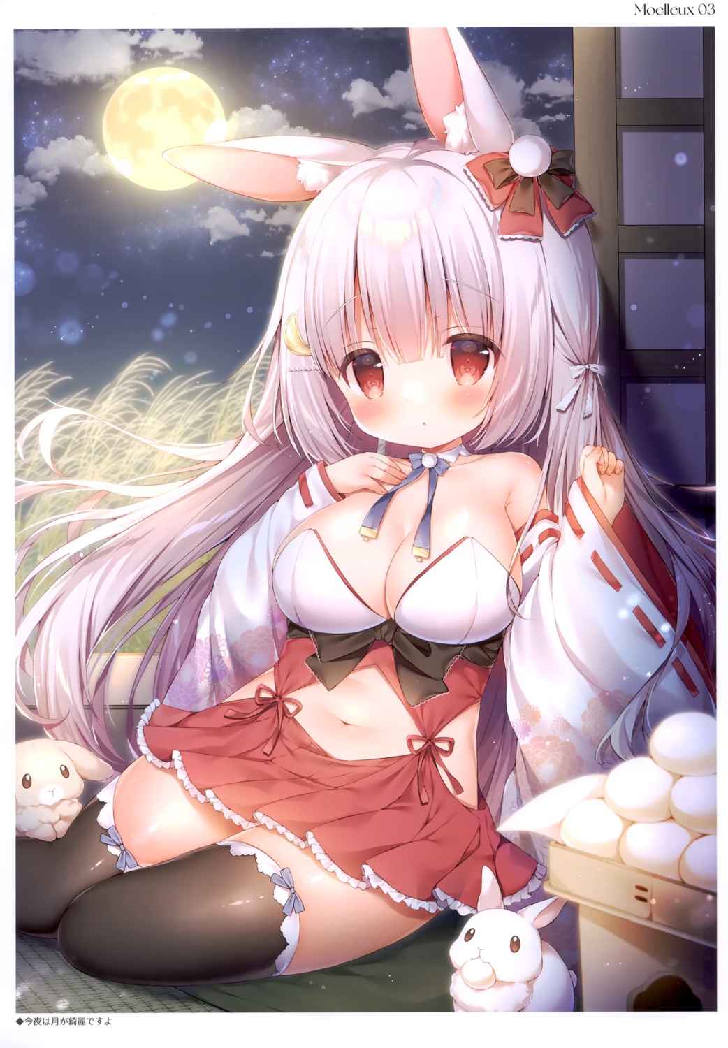 animal_ears bunny_ears cleavage miko mochi_peach momozu_komamochi no_bra thighhighs