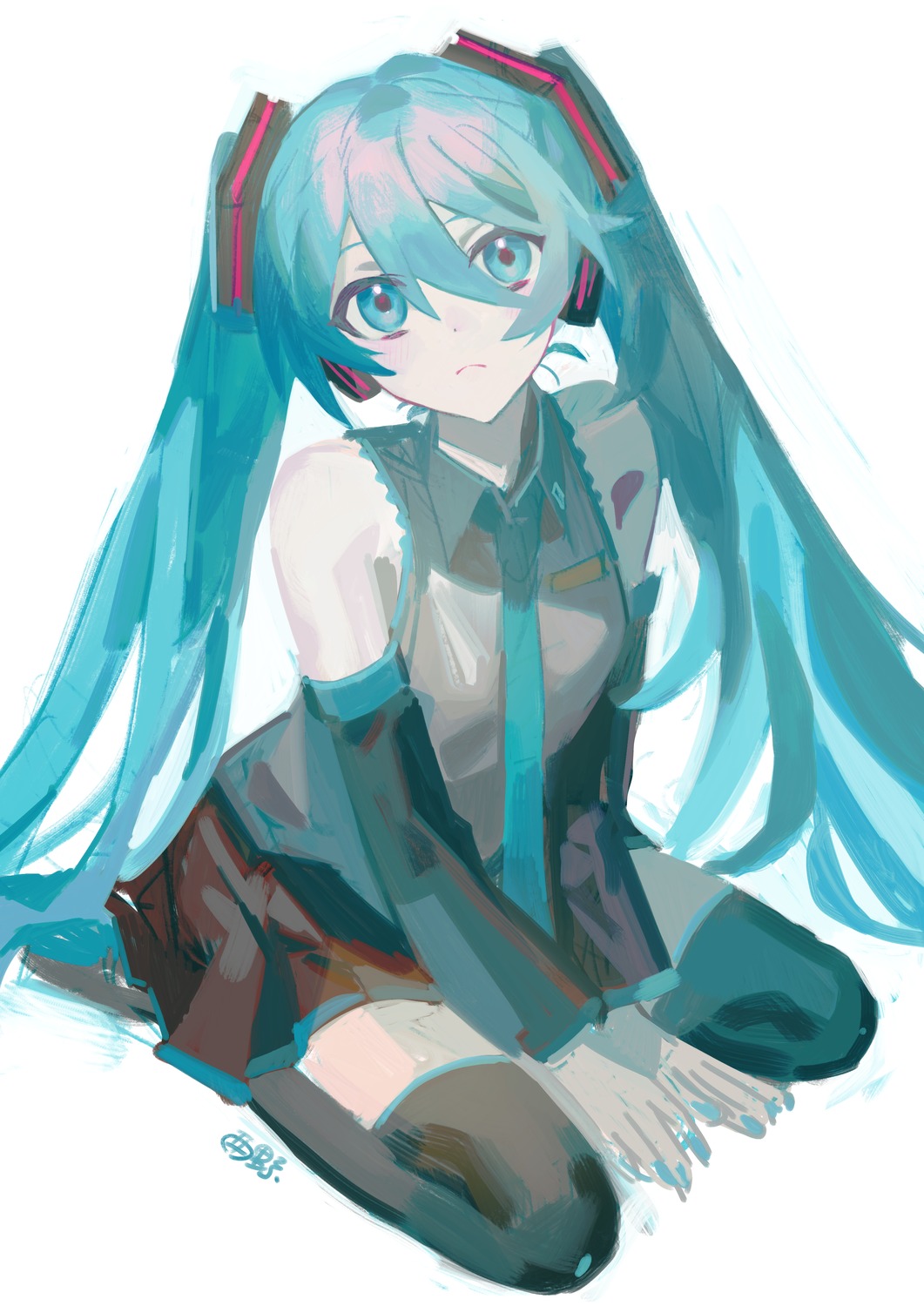 hatsune_miku headphones sketch thighhighs torino_kawazu vocaloid