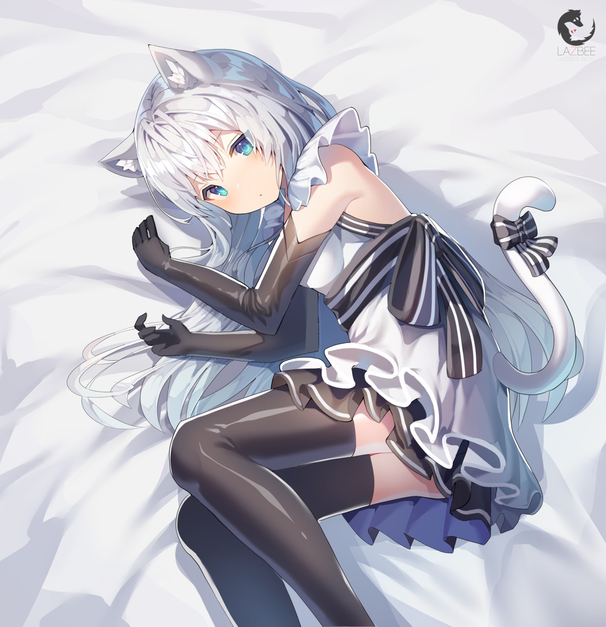 animal_ears dress lazbee nekomimi skirt_lift tail thighhighs