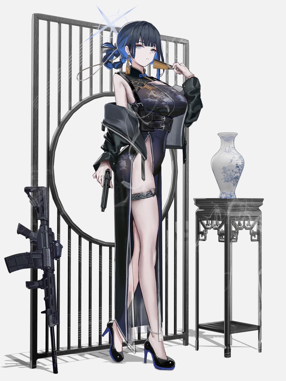 blue_archive chinadress garter gun halo heels joumae_saori nopan see_through susukawa_(susucawa)