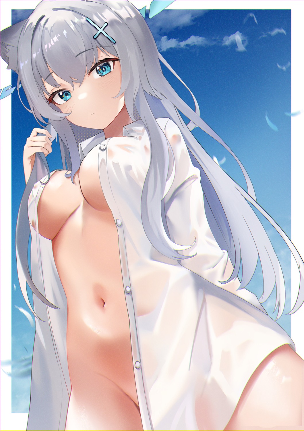 animal_ears blue_archive bottomless dress_shirt halo nekomimi no_bra nohohon_neko open_shirt see_through sunaookami_shiroko wet_clothes