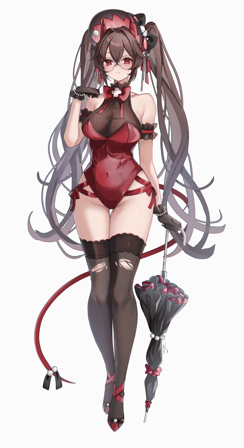 horns leotard megane no_bra tail thighhighs torn_clothes umbrella venn_(vebonbon)