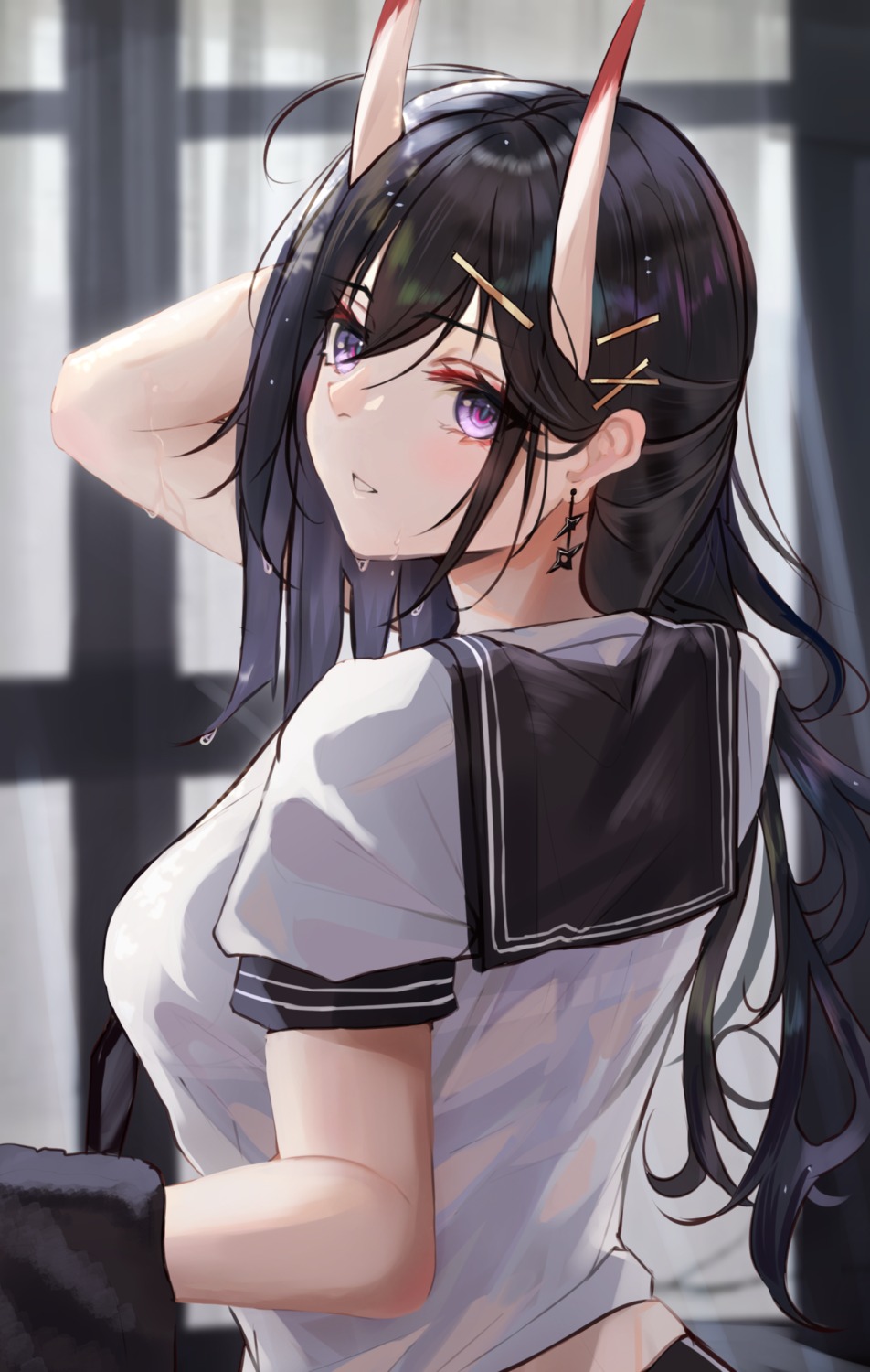 azur_lane bra horns noshiro_(azur_lane) panipo see_through seifuku towel wet wet_clothes