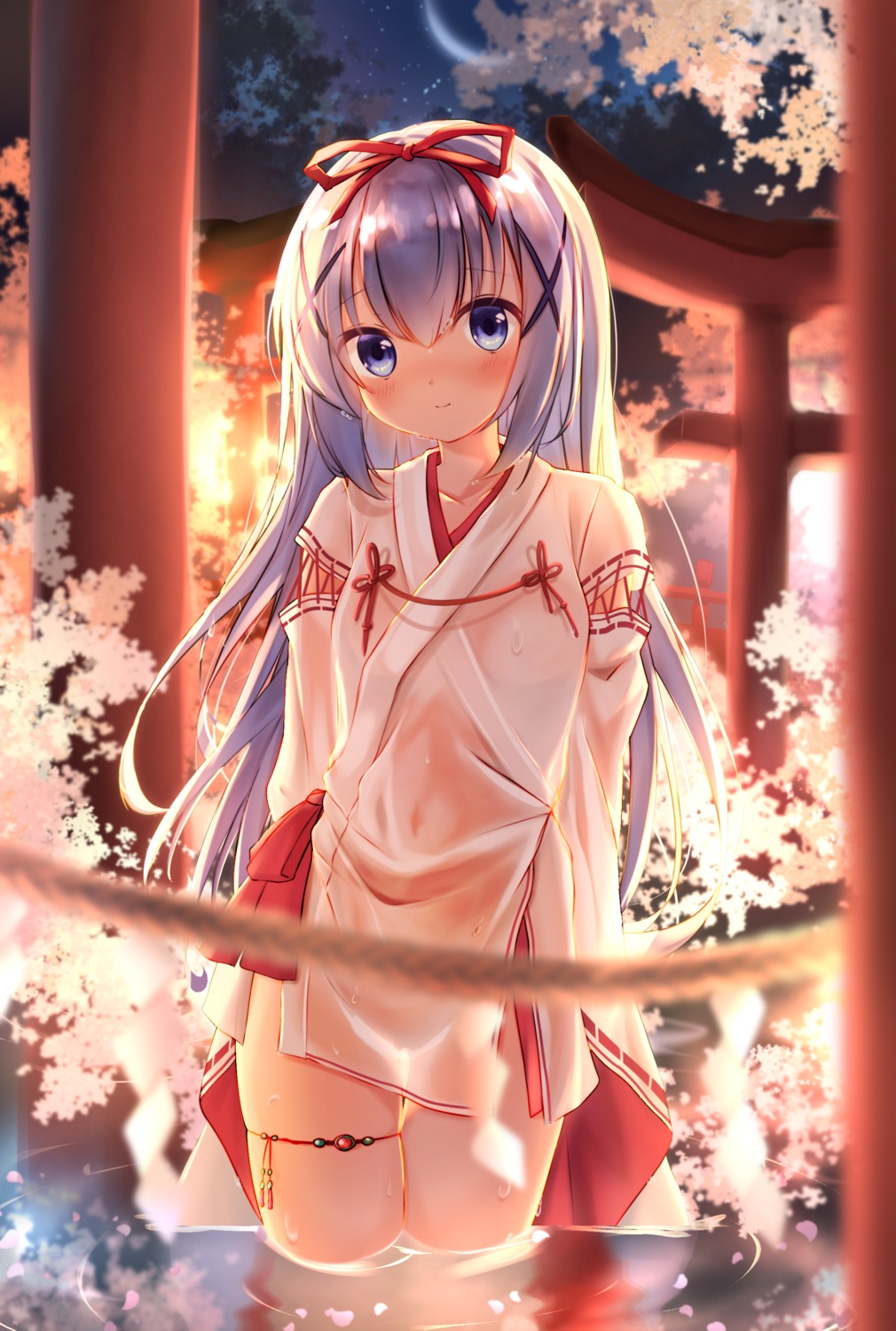 garter gochuumon_wa_usagi_desu_ka? jiang_xin kafuu_chino loli miko see_through wet wet_clothes