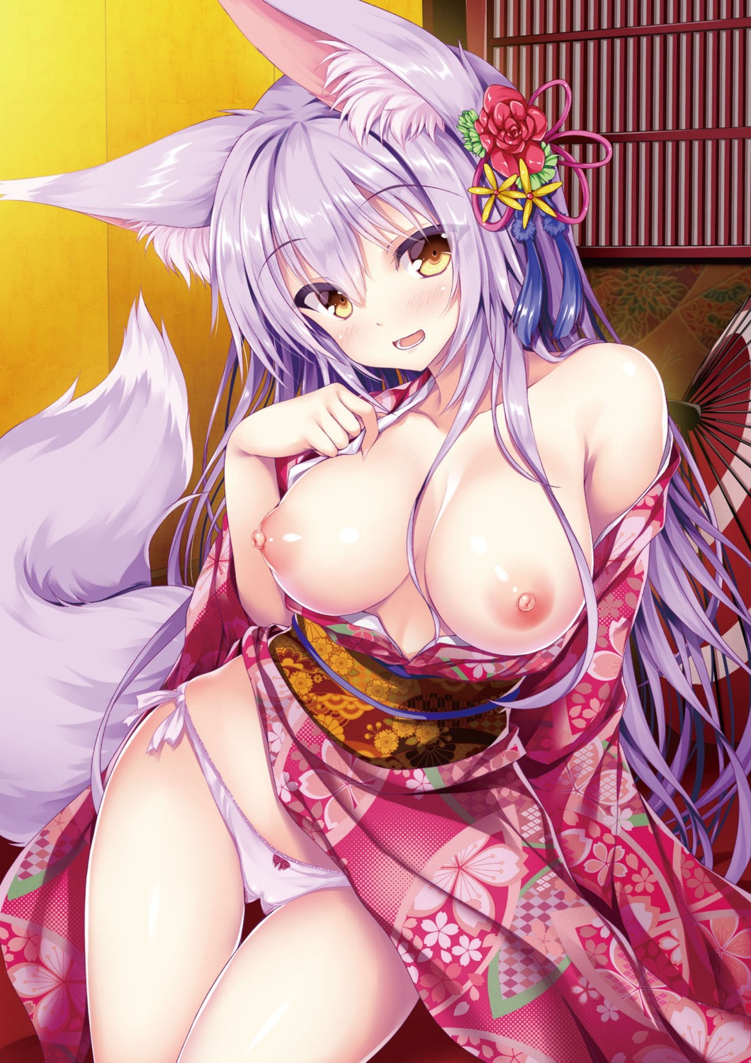 animal_ears breasts kimono kitsune nipples no_bra pantsu possible_duplicate tail tateha undressing