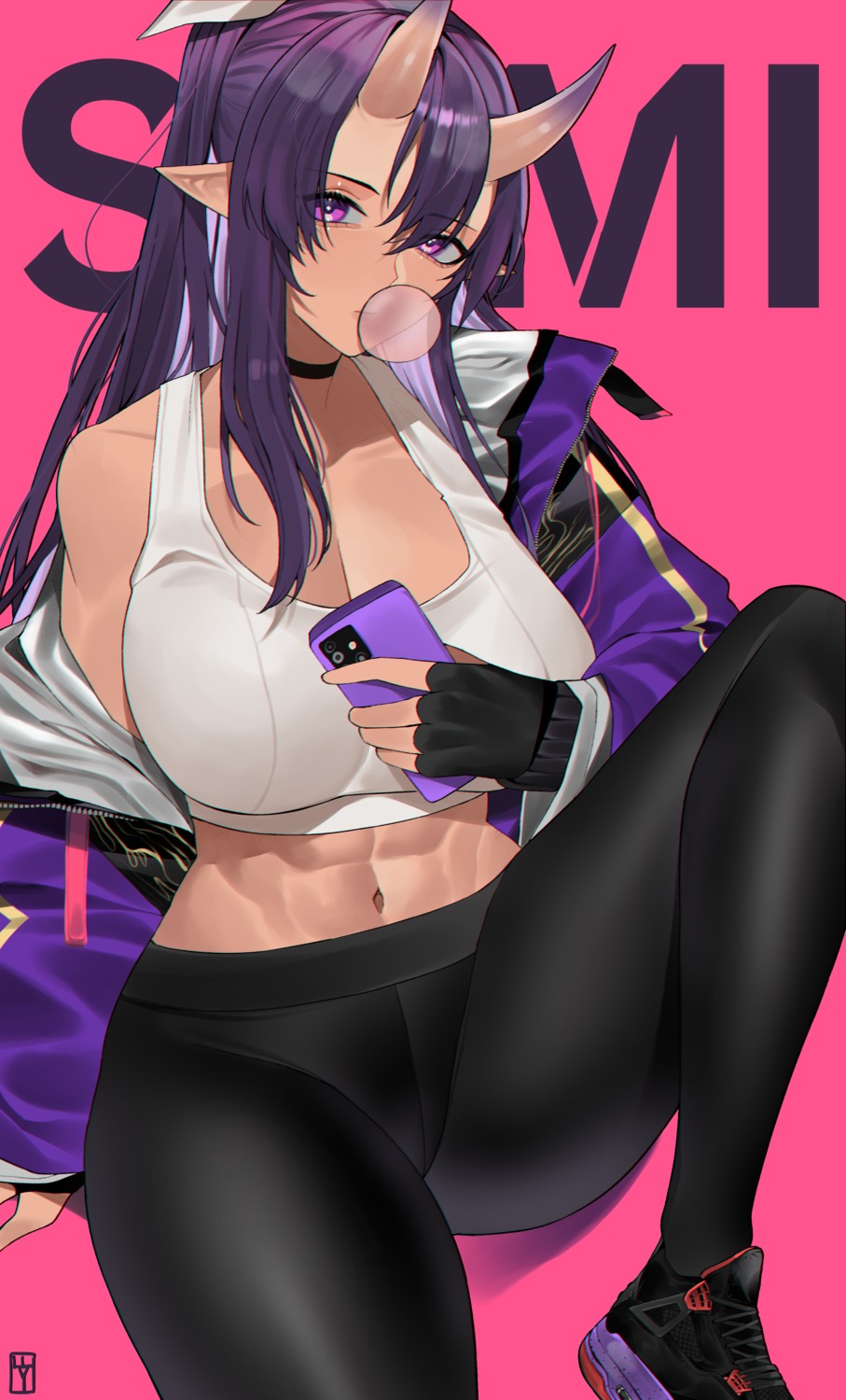 bra cleavage gym_uniform horns lilycious open_shirt pointy_ears