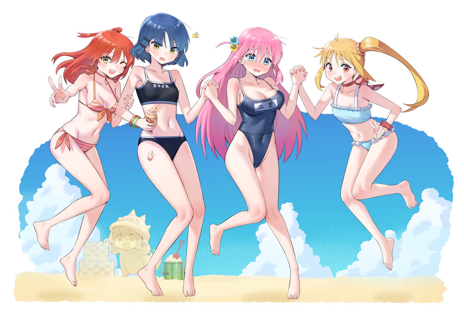 bikini bocchi_the_rock! chen_yang_yang chibi gotou_hitori ijichi_nijika kita_ikuyo school_swimsuit swimsuits yamada_ryou