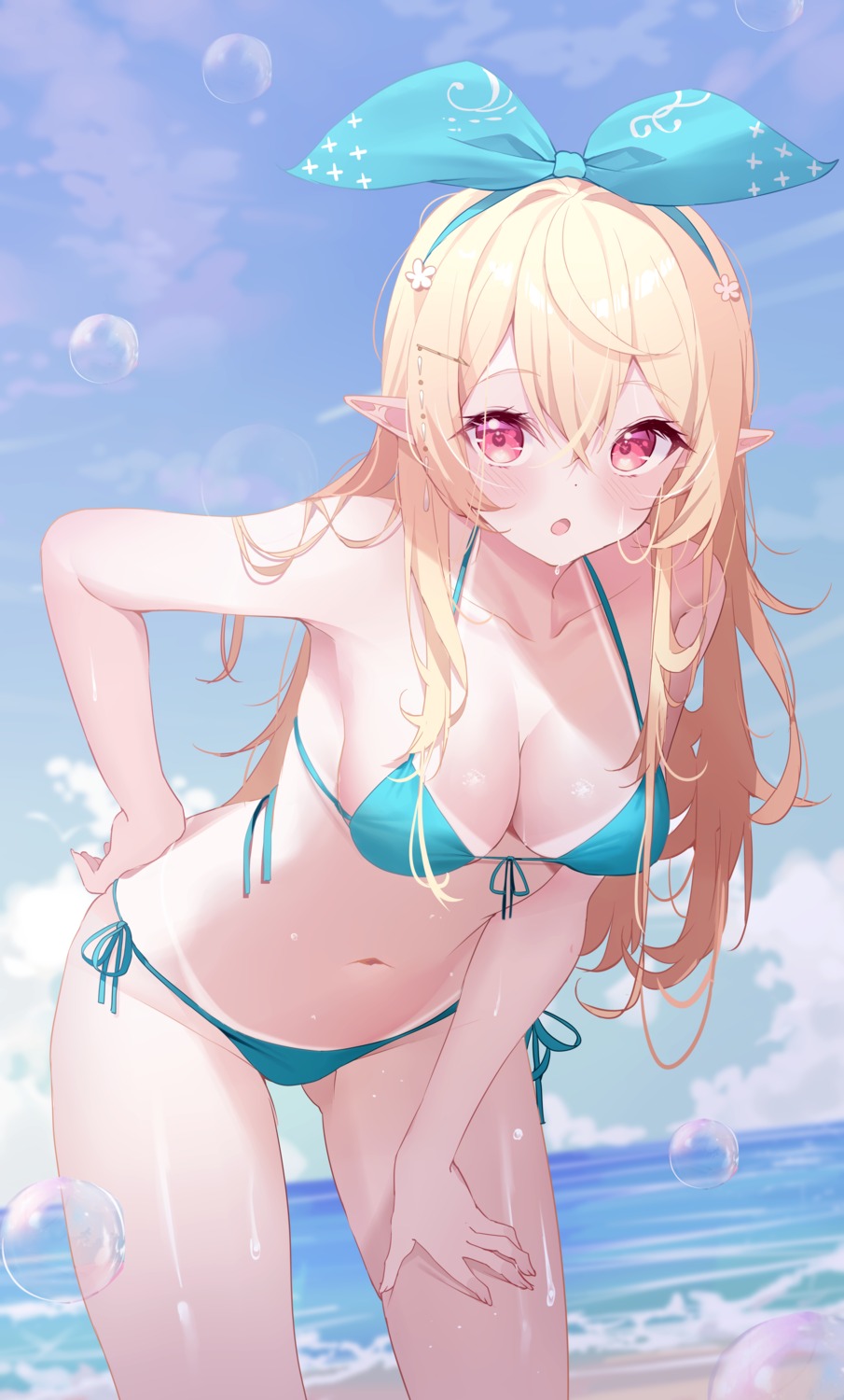 bikini deyui nijisanji nijisanji_en pointy_ears pomu_rainpuff swimsuits tan_lines wet