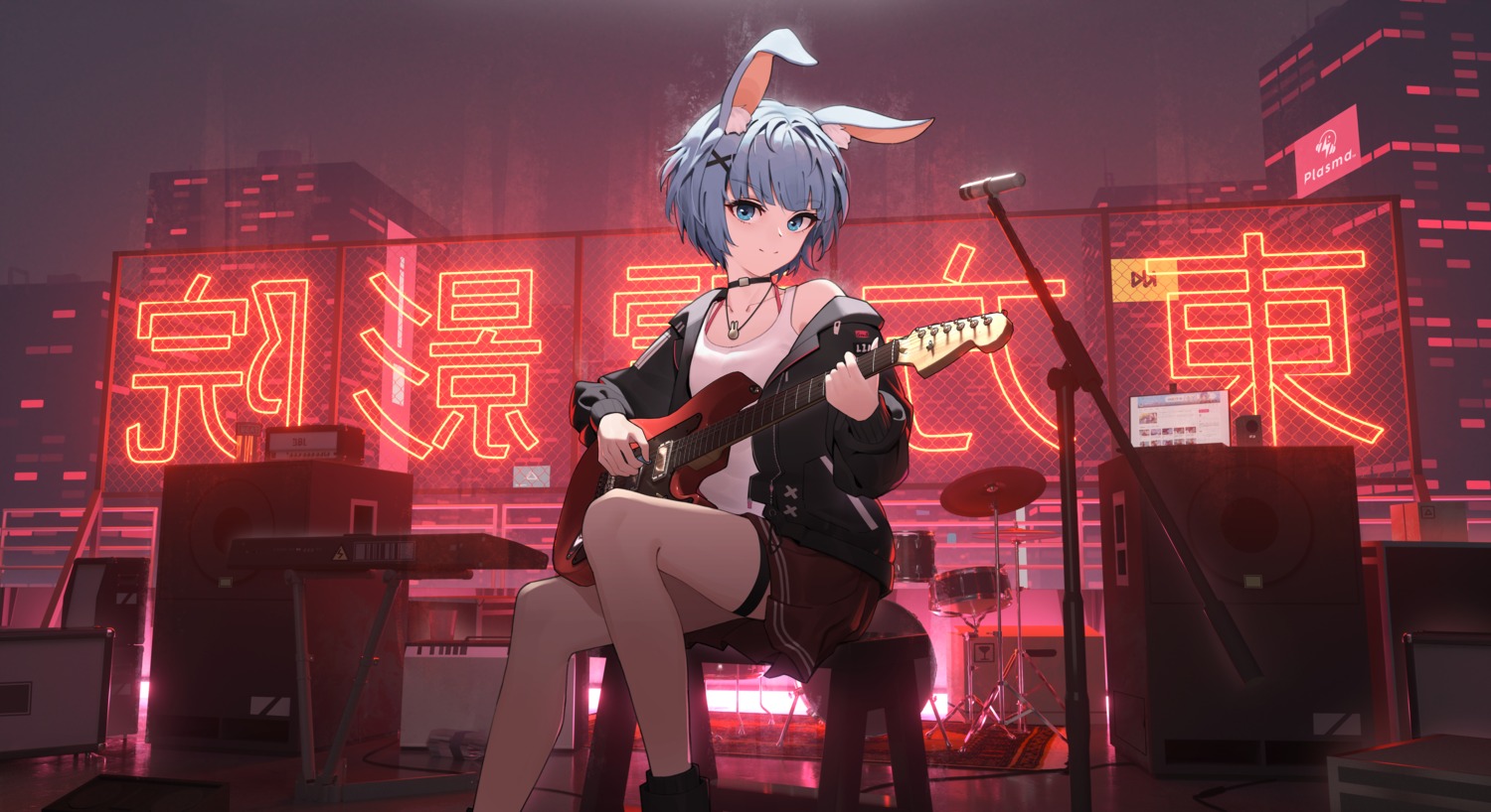 animal_ears bunny_ears even_(even_yiwen) garter guitar