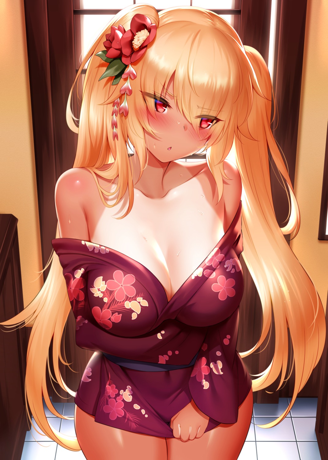 breast_hold cleavage hiyake-chan_(rogia) no_bra open_shirt rogia tan_lines yukata