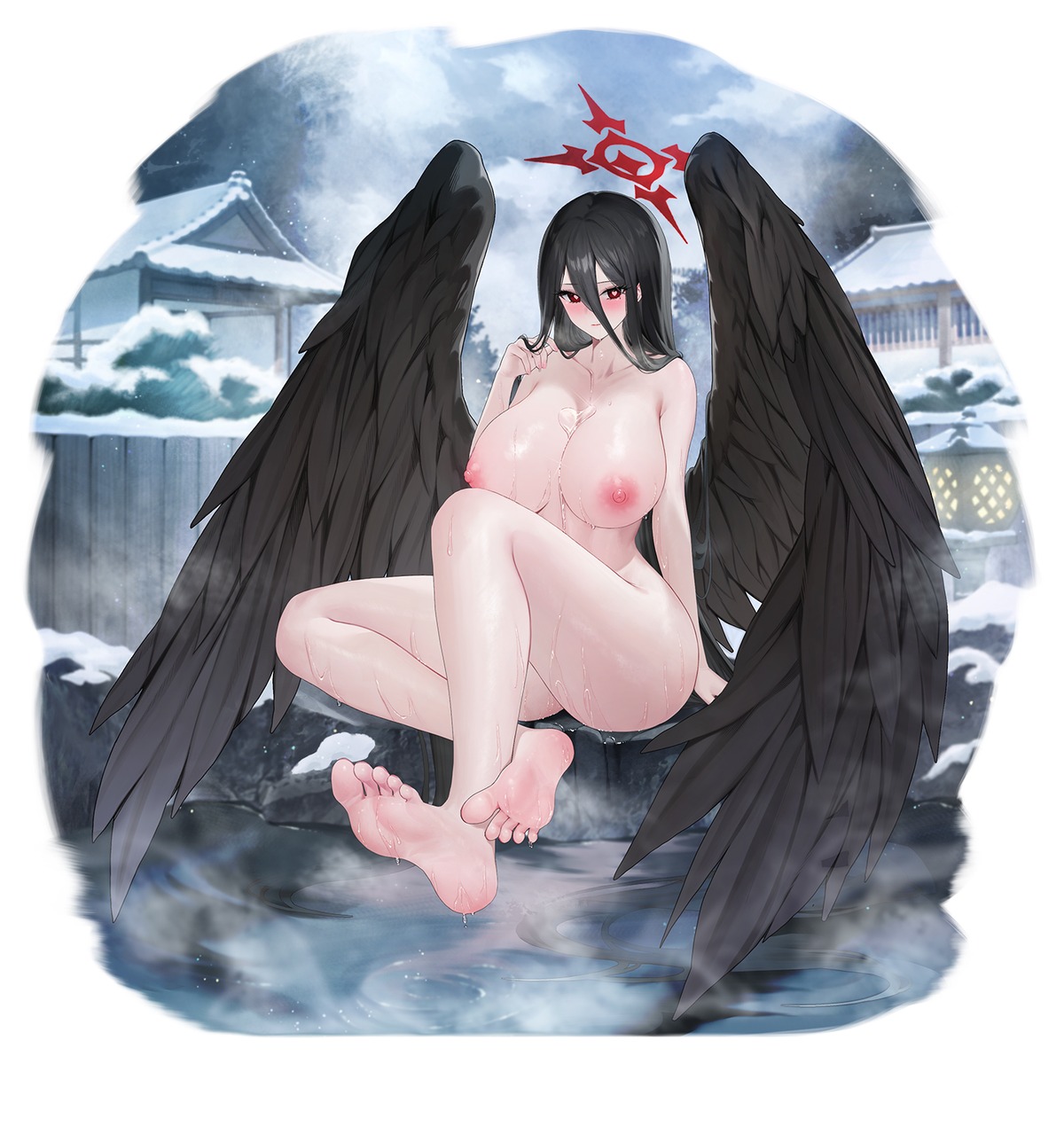 angel bathing blue_archive feet hanekawa_hasumi naked nipples onsen seoyul wet wings