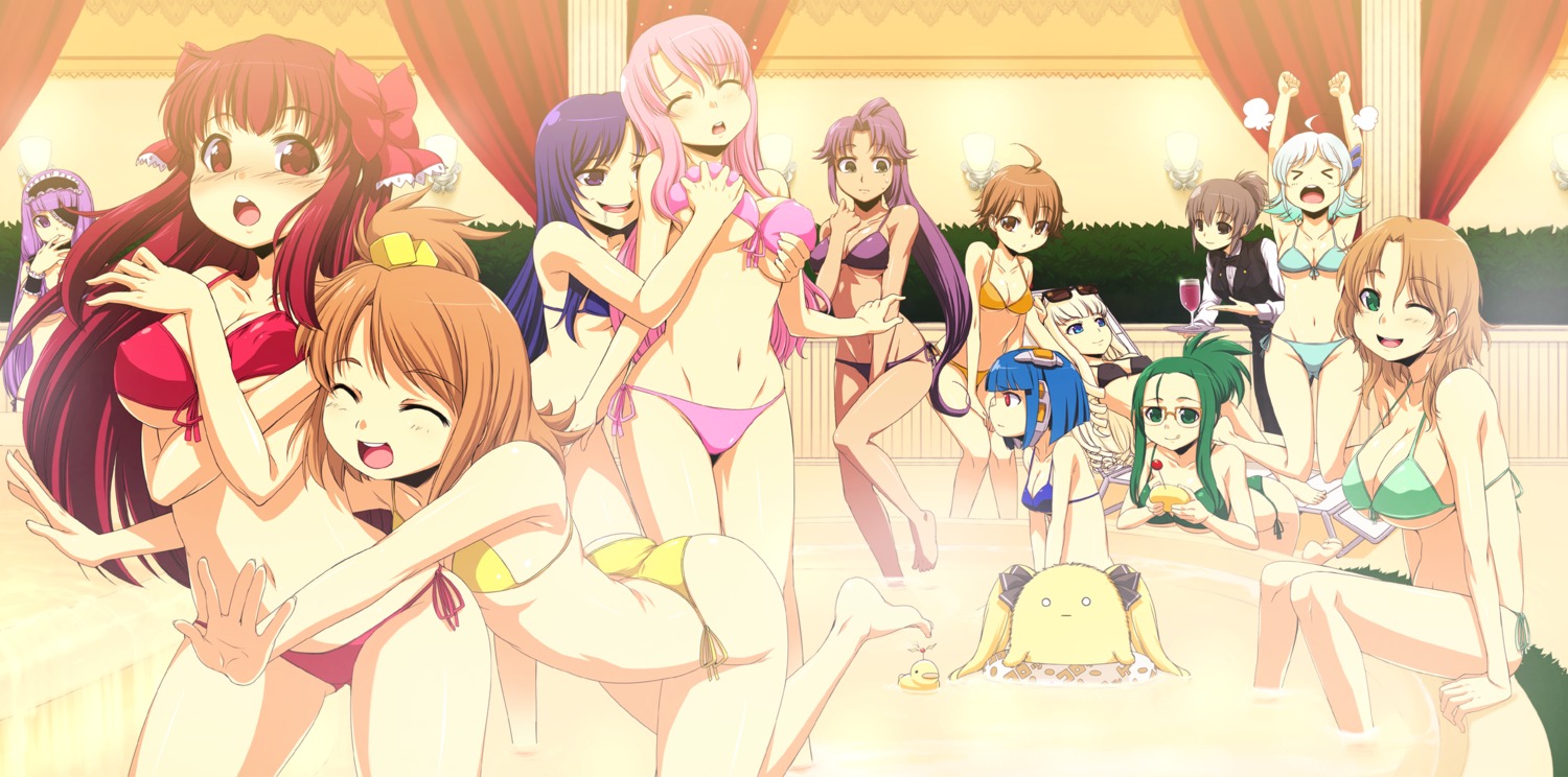 airi_(dream_c_club) amane asuka_(dream_c_club) bikini breast_grab cleavage dream_c_club dream_c_club_zero erect_nipples eyepatch futaba_riho mari_(dream_c_club) megane mian mio_(dream_c_club) nao_(dream_c_club) onija_tarou reika rui setsu swimsuits underboob waitress yuri