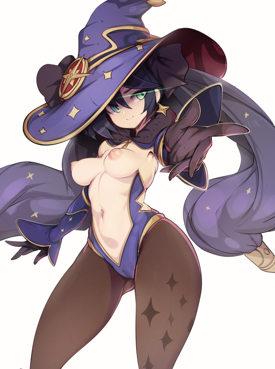 breasts cameltoe genshin_impact leotard mona_megistus nipples no_bra pantyhose slugbox witch