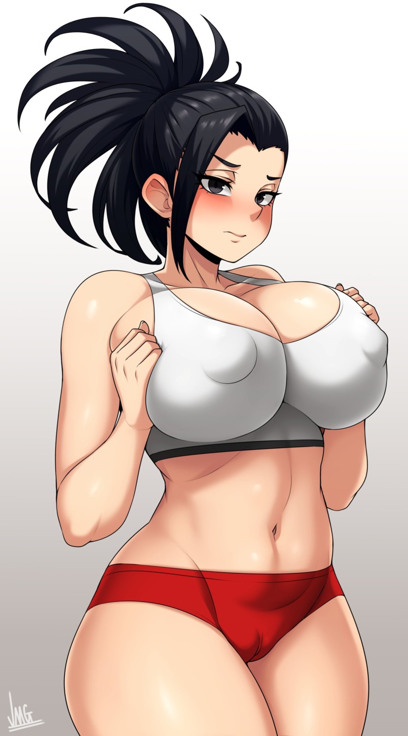 boku_no_hero_academia breast_hold buruma cameltoe erect_nipples gym_uniform jmg no_bra yaoyorozu_momo