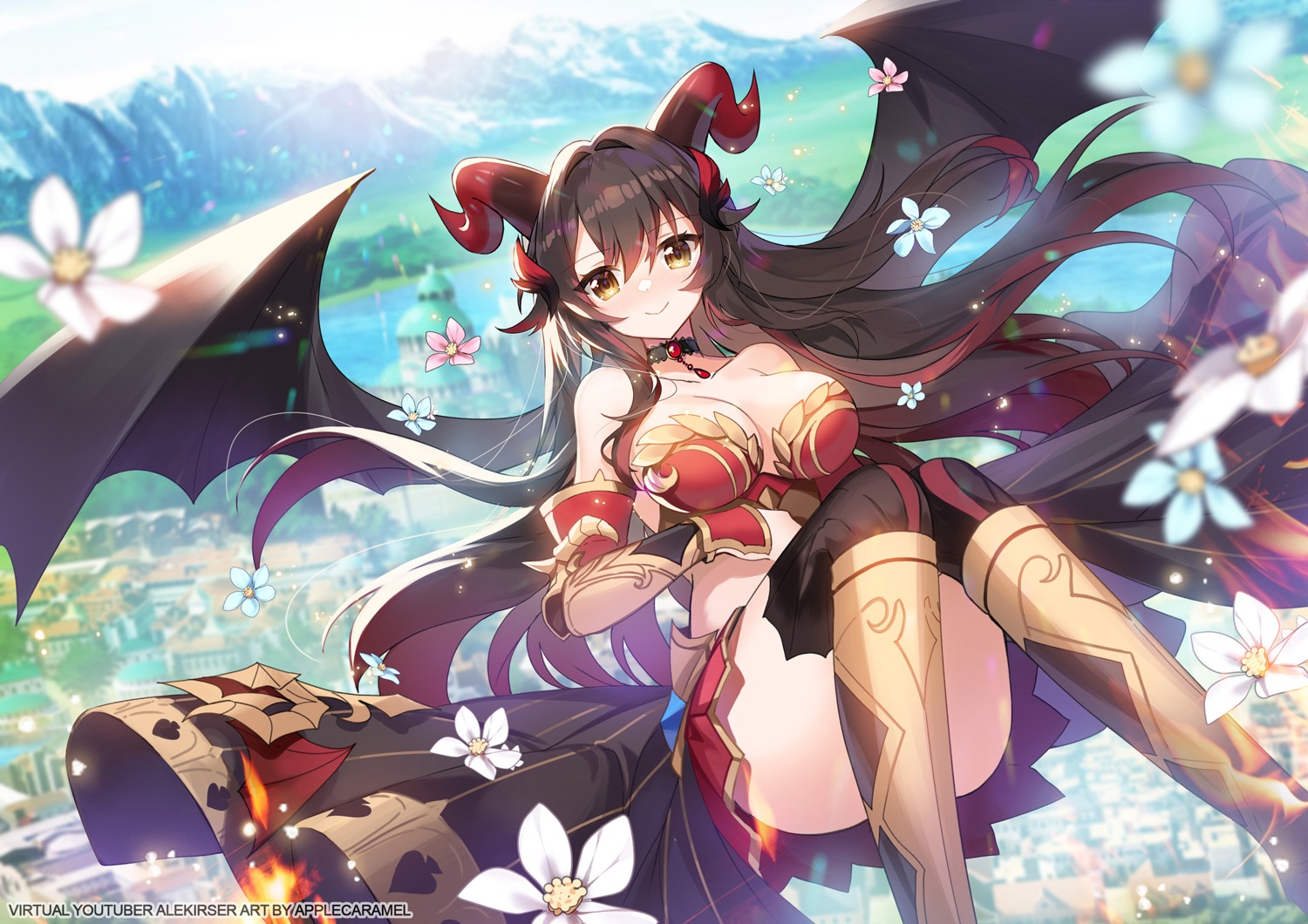 apple_caramel armor bikini_armor horns skirt_lift thighhighs wings