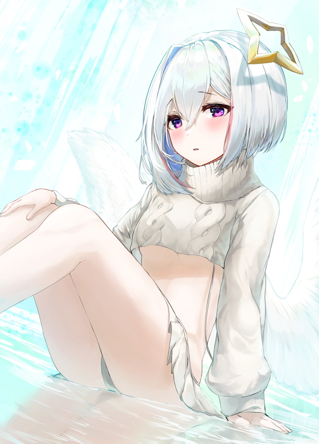 amane_kanata angel bikini hololive kabedoru skirt_lift sweater swimsuits underboob wet wings