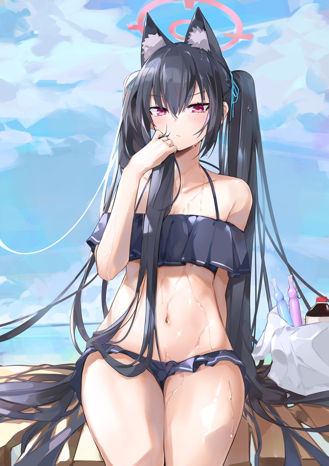 animal_ears bikini blue_archive cleavage dema_hmw halo kuromi_serika nekomimi swimsuits wet