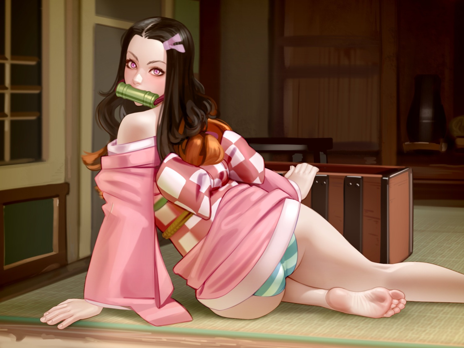 ass feet japanese_clothes kairunoburogu kamado_nezuko kimetsu_no_yaiba pantsu shimapan skirt_lift