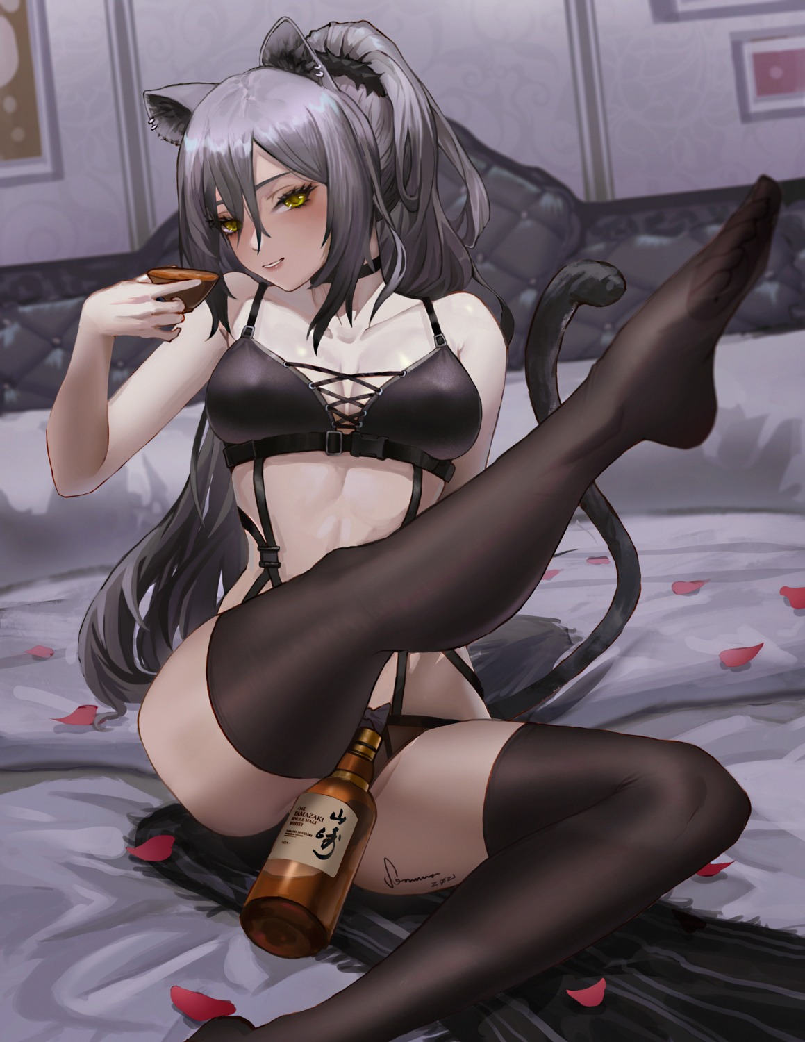 animal_ears arknights bra cleavage erect_nipples feet pantsu schwarz_(arknights) somnuss tail thighhighs