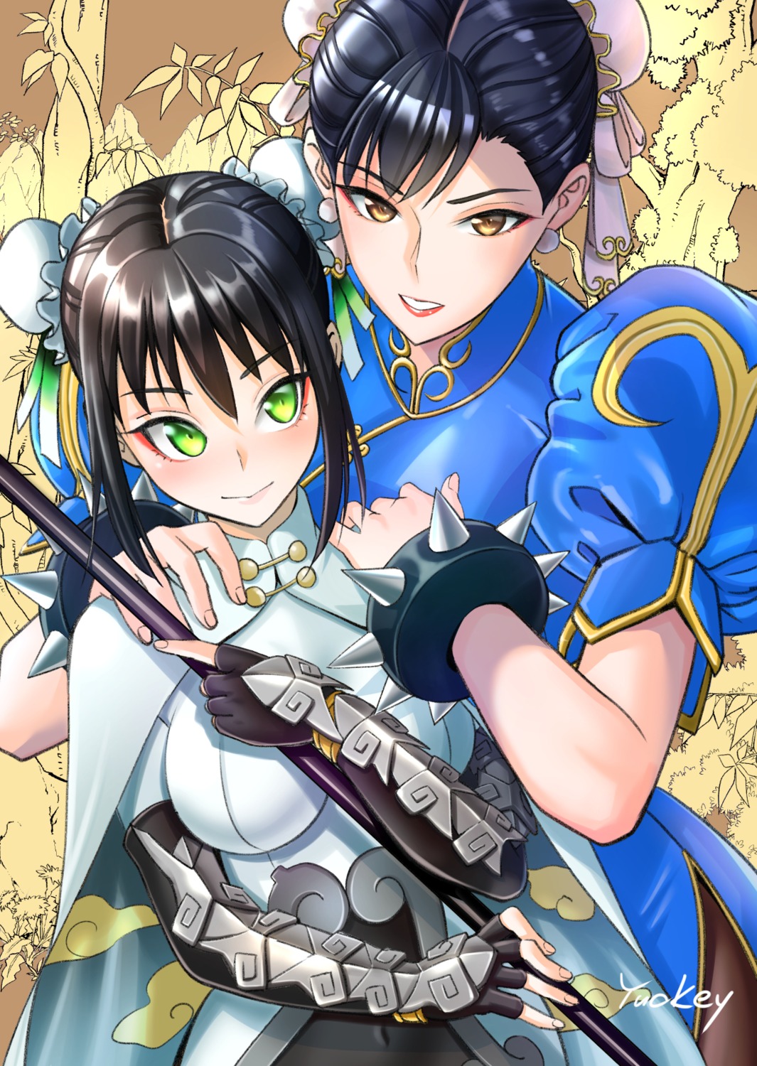 armor bodysuit chinadress chun_li crossover fate/grand_order pantyhose qin_liangyu_(fate/grand_order) street_fighter weapon yuckey