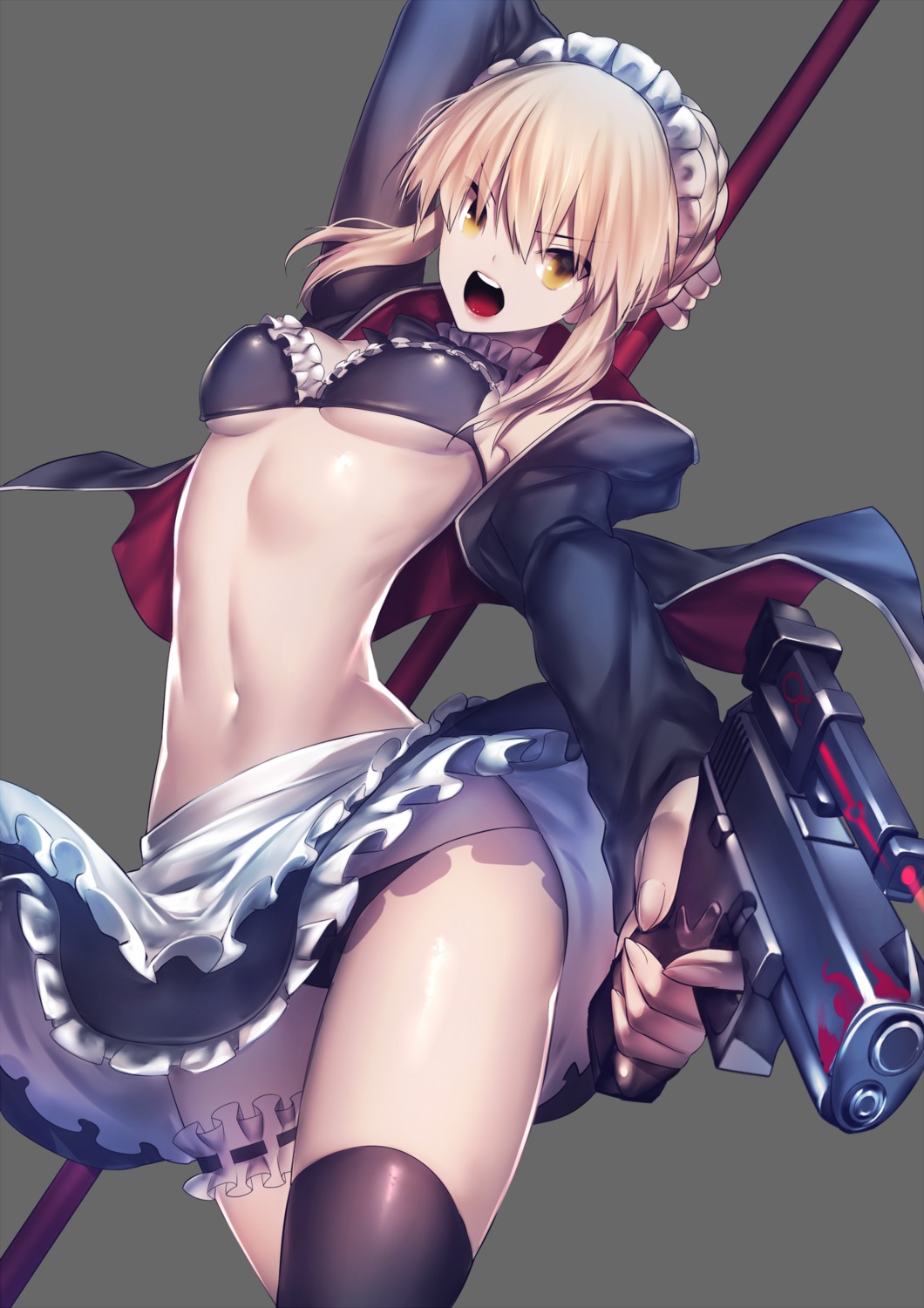 bikini fate/grand_order garter gun maid open_shirt rahato saber saber_alter swimsuits thighhighs underboob