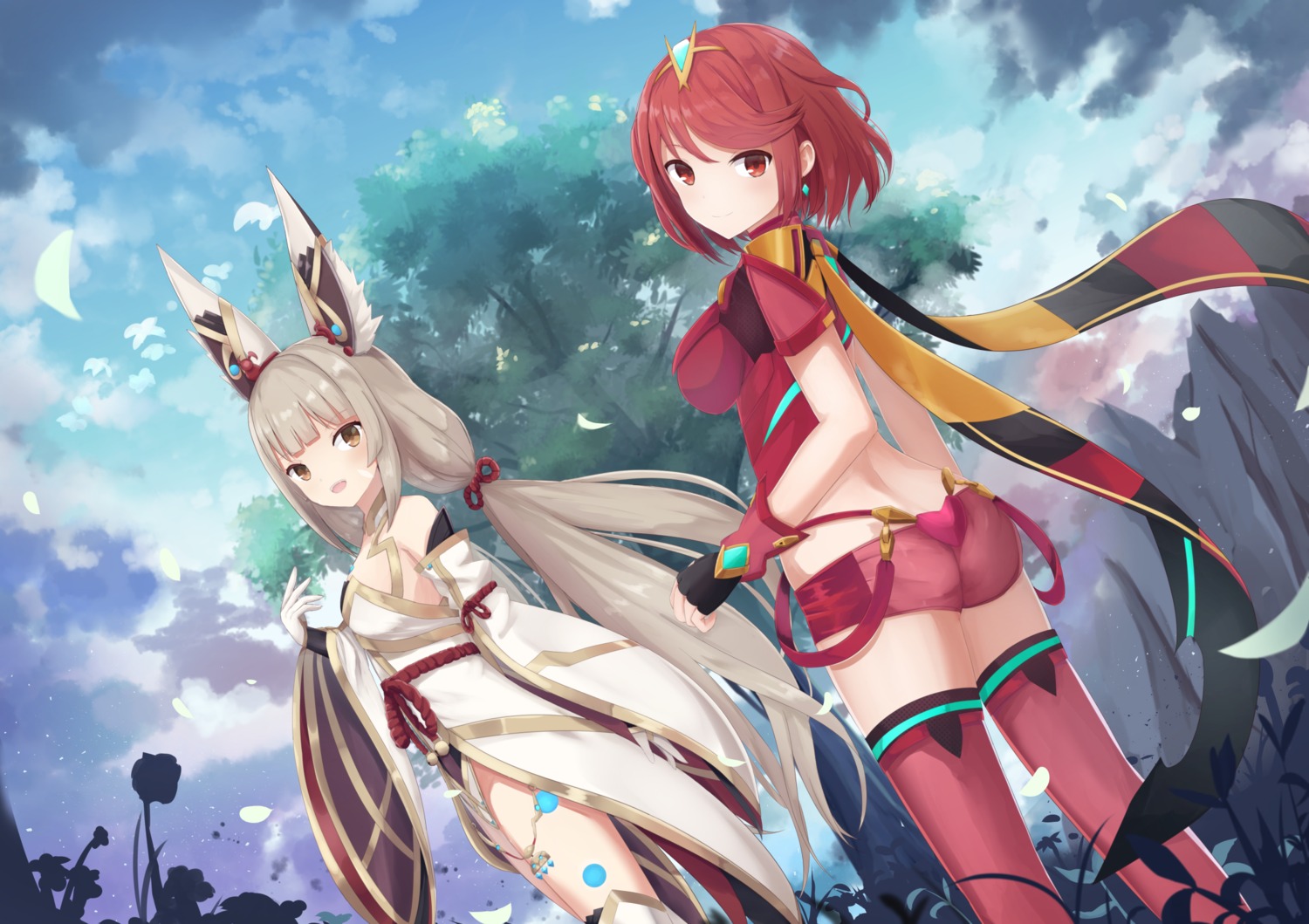 animal_ears ass homura_(xenoblade_2) japanese_clothes niyah niyah_(blade) thighhighs touhourh xenoblade_(series) xenoblade_2