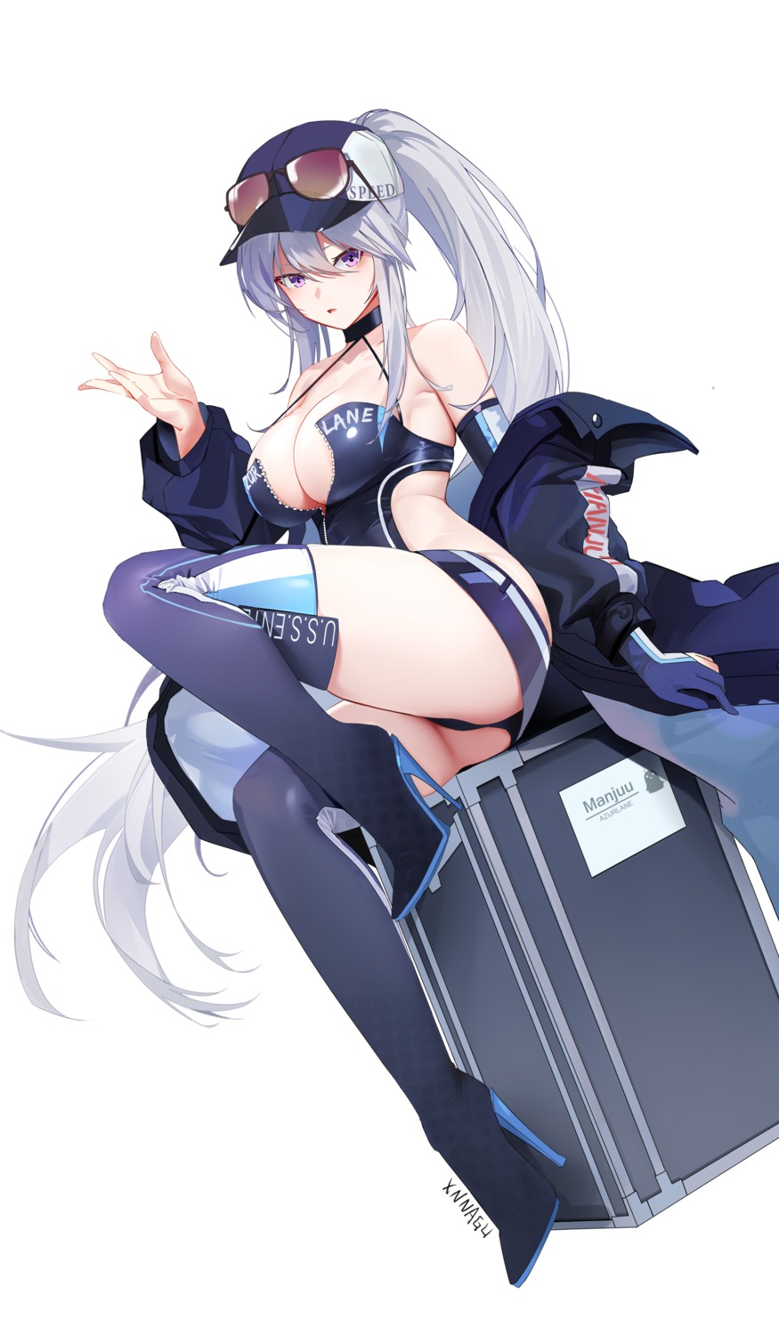 azur_lane enterprise_(azur_lane) heels leotard megane no_bra open_shirt syngeloussier thighhighs