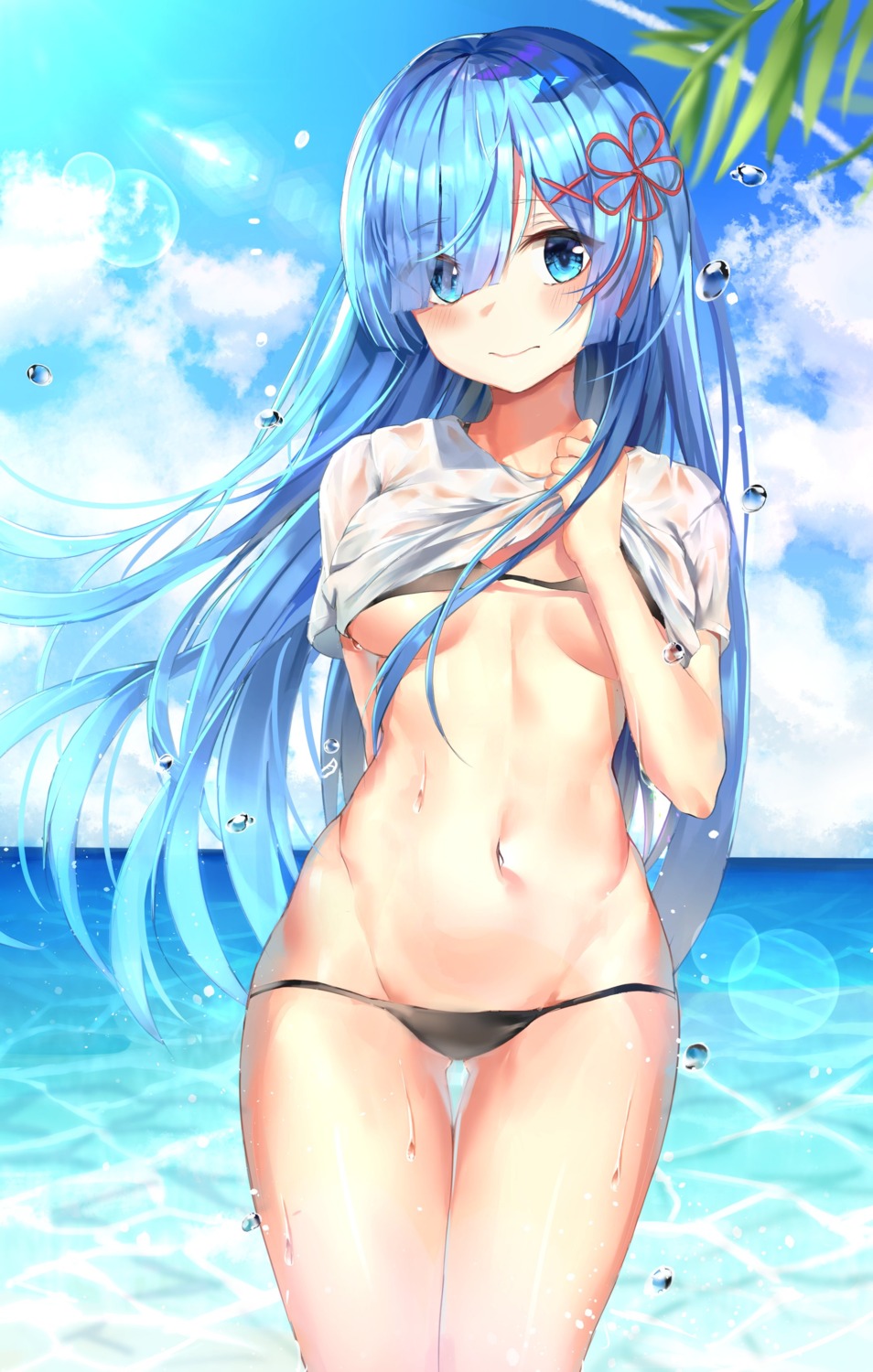 bikini re_zero_kara_hajimeru_isekai_seikatsu refile rem_(re_zero) see_through shirt_lift swimsuits undressing wet wet_clothes