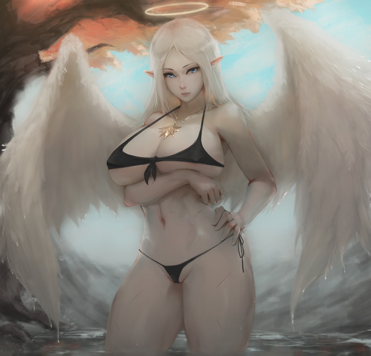 angel bikini breast_hold cameltoe erect_nipples gray_bear pointy_ears swimsuits wet wings