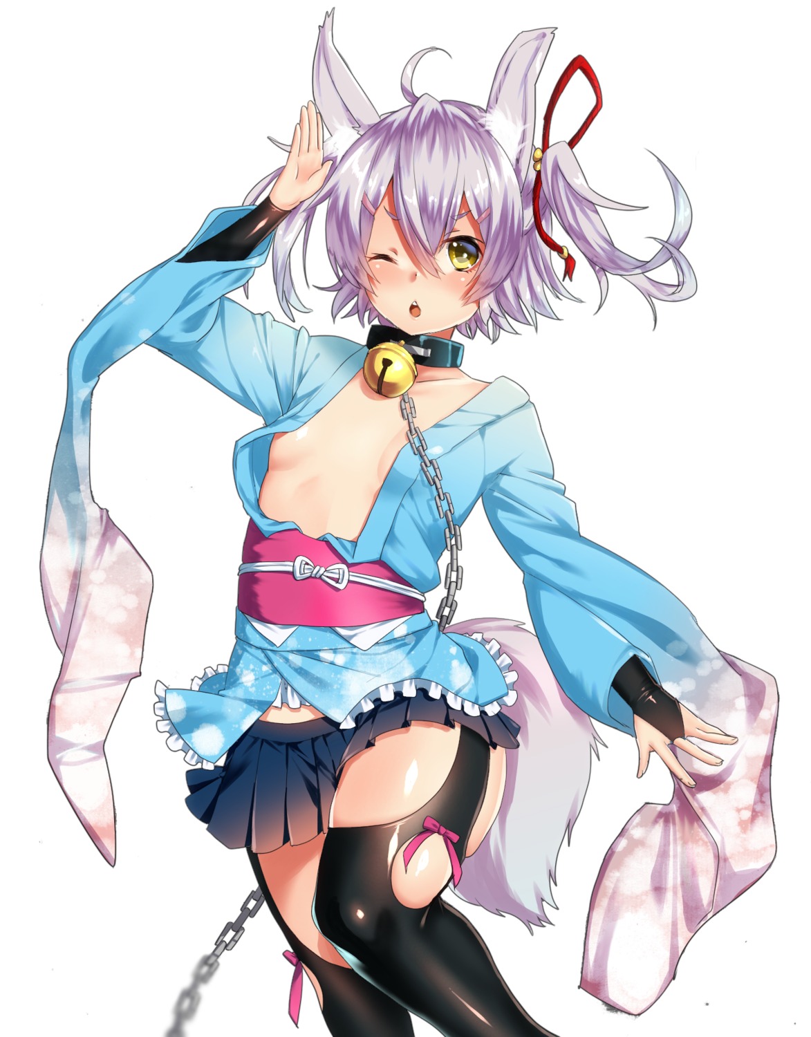 animal_ears japanese_clothes keita_(tundereyuina) no_bra open_shirt stockings tail thighhighs