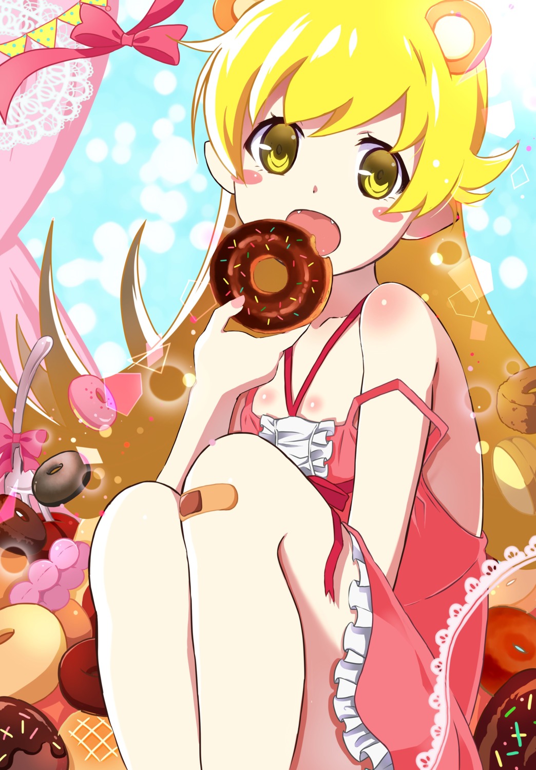 animal_ears bandaid dress mashimaro_tabetai monogatari_(series) no_bra oshino_shinobu pointy_ears skirt_lift summer_dress