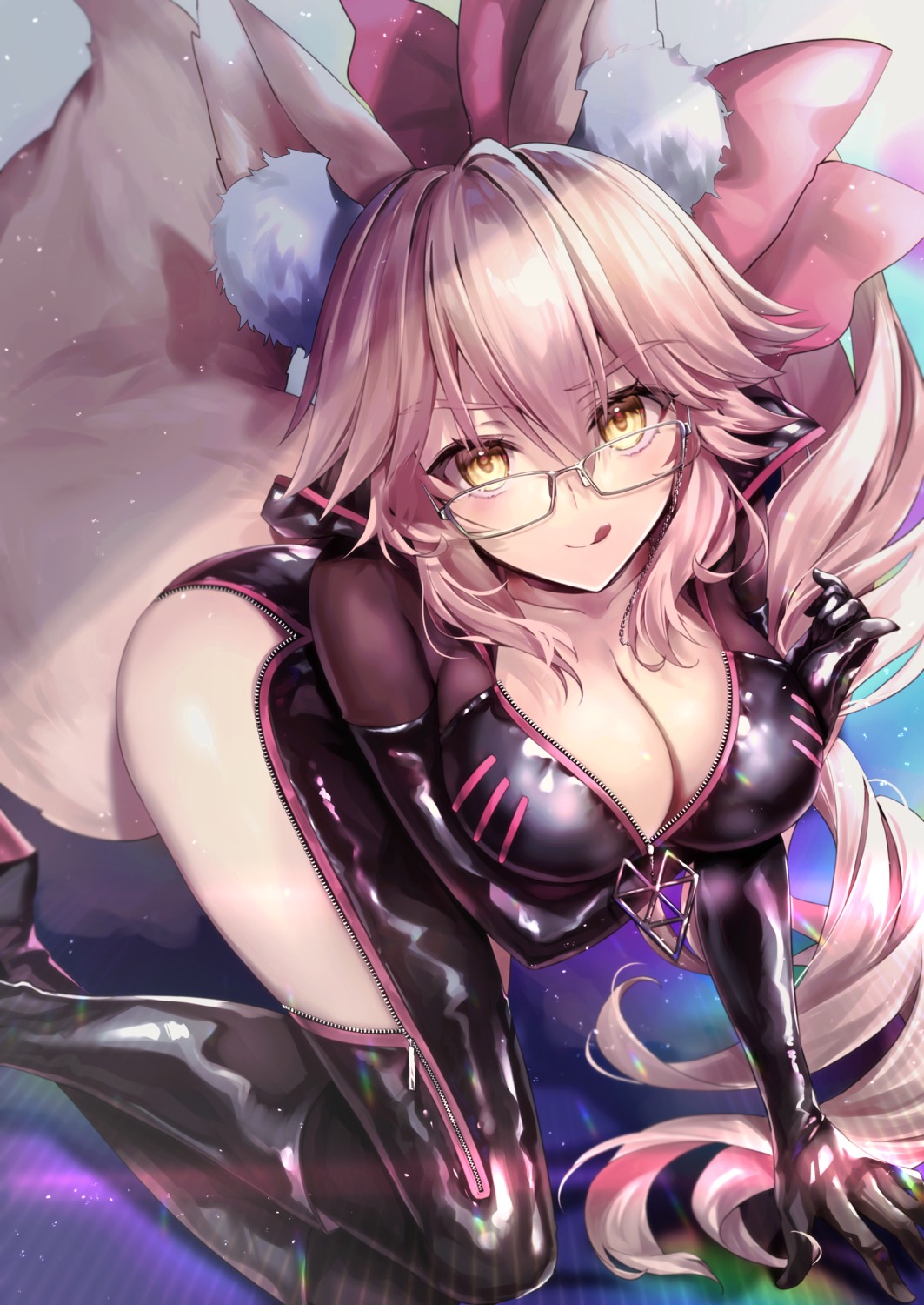 animal_ears bodysuit fate/grand_order hane_yuki kitsune megane no_bra open_shirt tail tamamo_vitch_koyanskaya