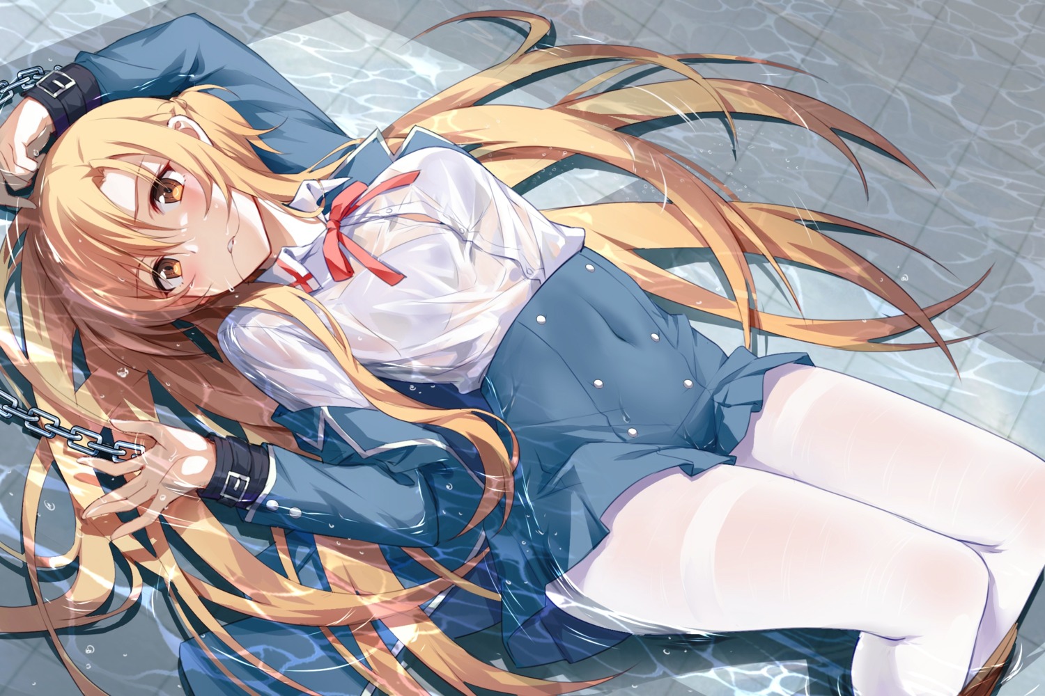 asuna_(sword_art_online) bondage bra devil_heavens pantyhose see_through seifuku skirt_lift sword_art_online wet wet_clothes