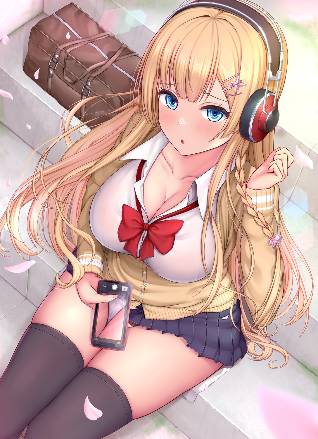 cameltoe headphones melopun pantsu see_through seifuku sweater thighhighs