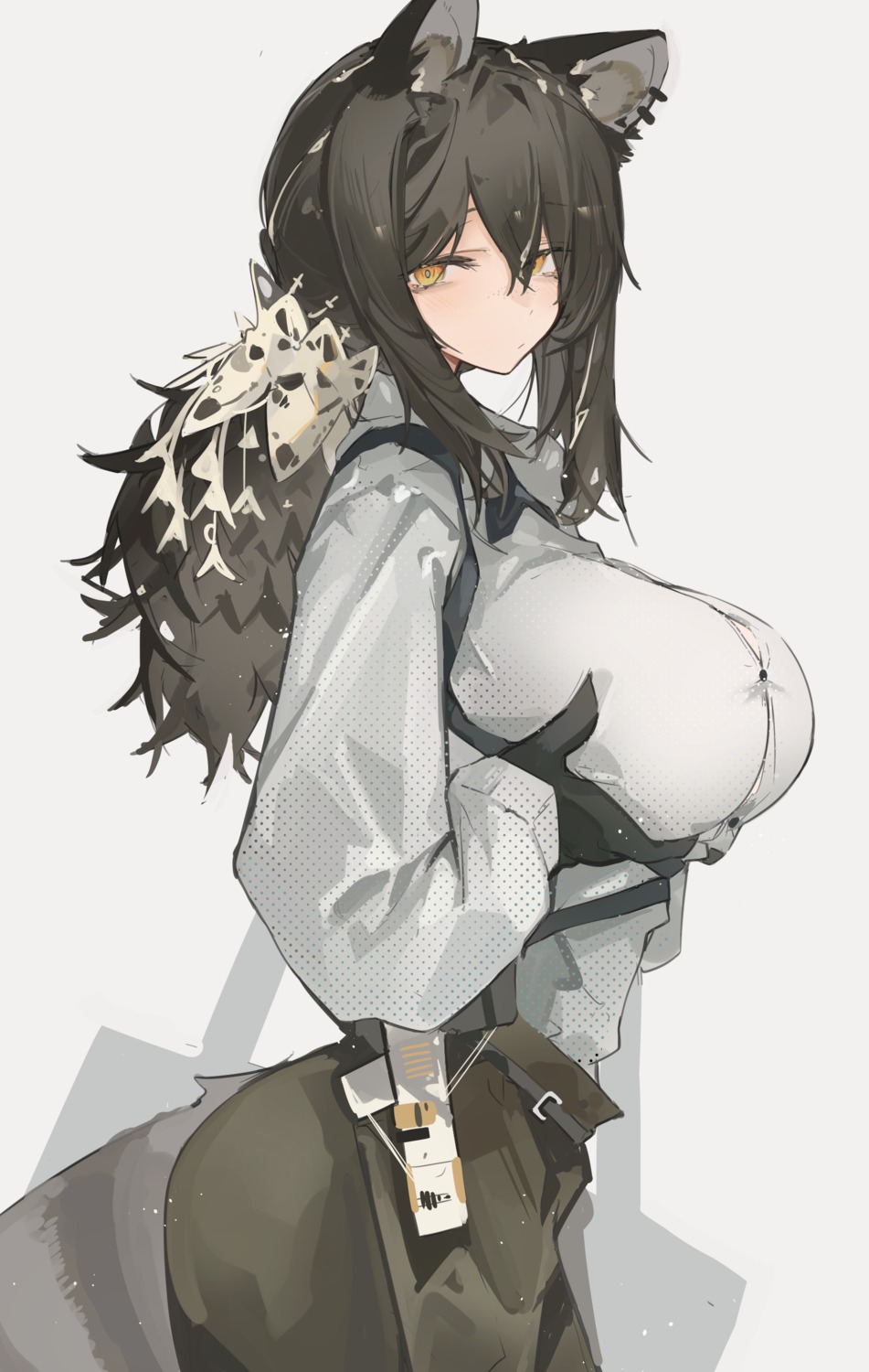 animal_ears arknights breast_hold mikojin robin_(arknights) tail