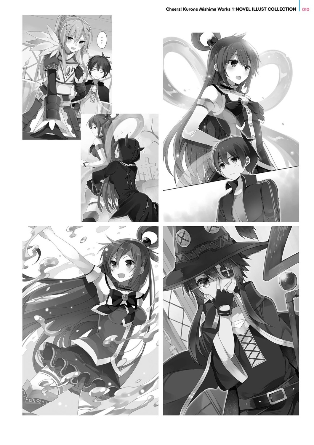 aqua_(konosuba) armor digital_version dress dustiness_ford_raratina eyepatch kono_subarashii_sekai_ni_shukufuku_wo! megumin mishima_kurone monochrome satou_kazuma thighhighs weapon witch wiz