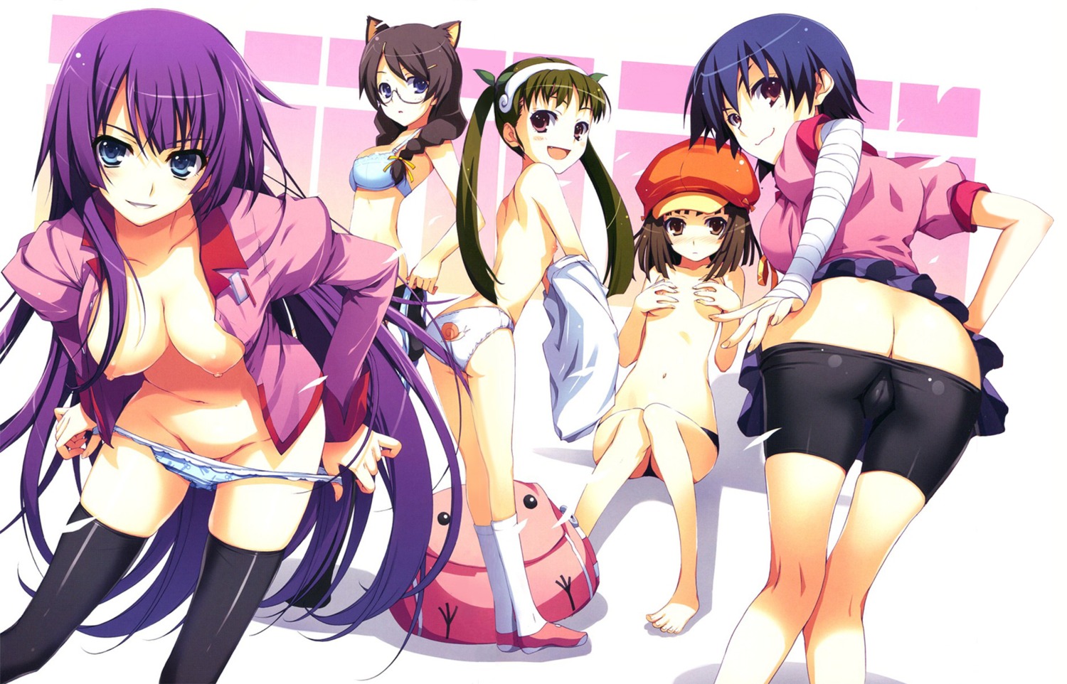 animal_ears ass bakemonogatari bandages bike_shorts bra breast_hold breasts buruma cameltoe hachikuji_mayoi hanekawa_tsubasa kanbaru_suruga loli megane monogatari_(series) mugenkidou nekomimi nipples no_bra open_shirt pantsu panty_pull screening sengoku_nadeko senjougahara_hitagi tomose_shunsaku topless undressing