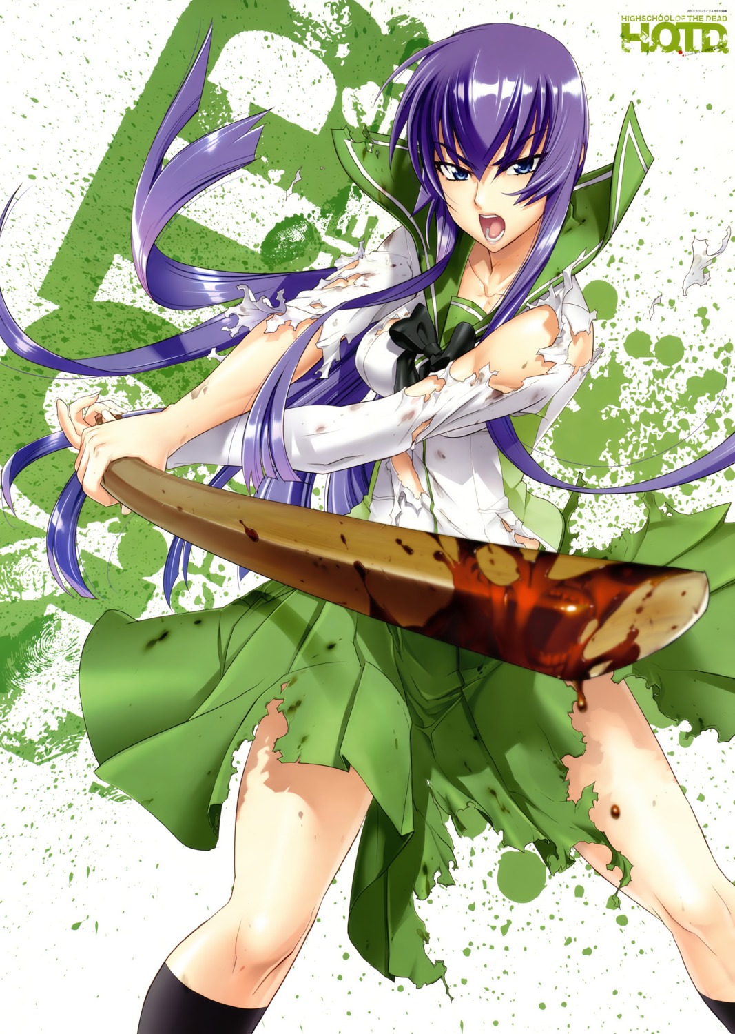 blood busujima_saeko highschool_of_the_dead inazuma seifuku sword torn_clothes